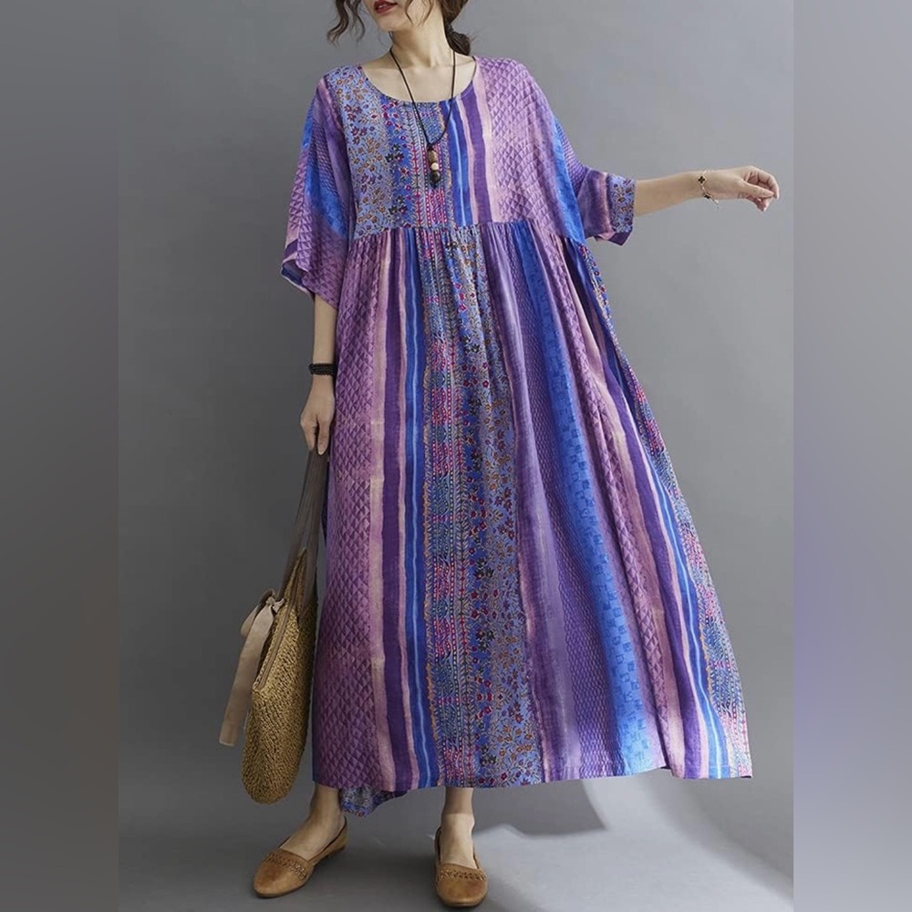 NEW! Plus Size Purple + Blue + Pink Patchwork Oversized Boho Maxi Dress